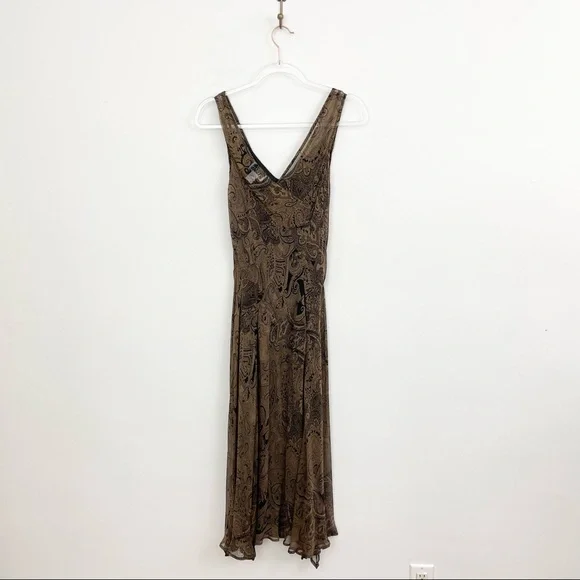 Vintage 90s Brown and Black Paisley Silk Handkerchief Midi Dress - Picture 4 of 5